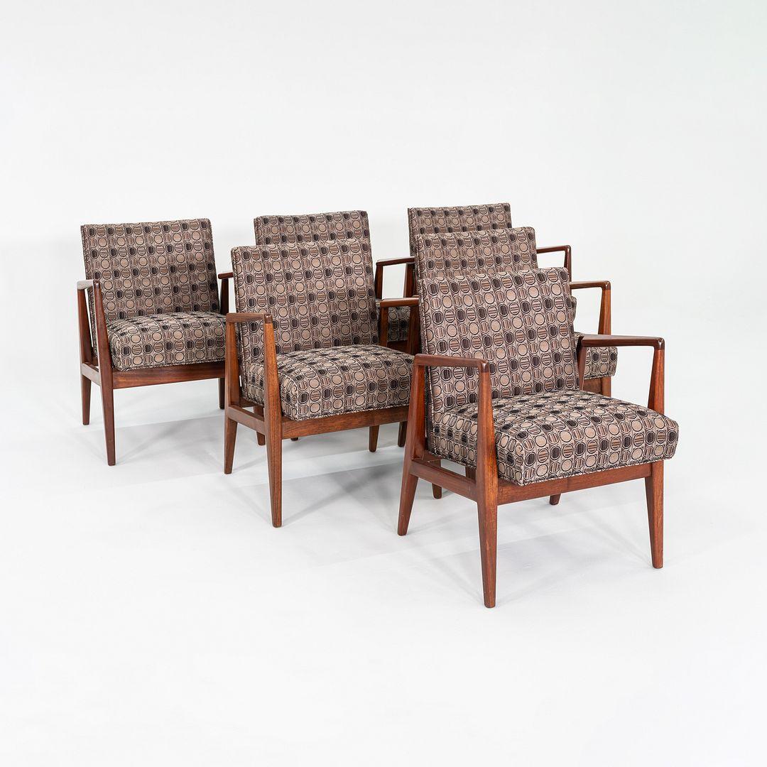 Modern 1960s Set of Six Jens Risom Designs C-120 Dining Armchairs in Walnut and Fabric For Sale
