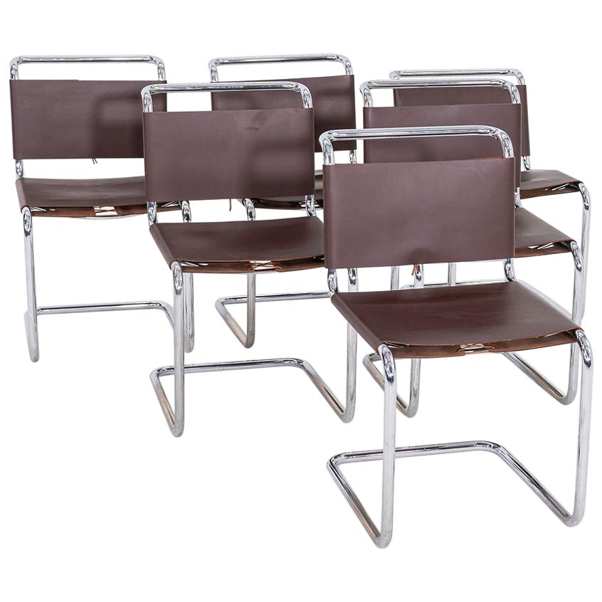 1960s Set of Six Marcel Breuer for Knoll B33 Spoleto Dining Chairs Brown Leather