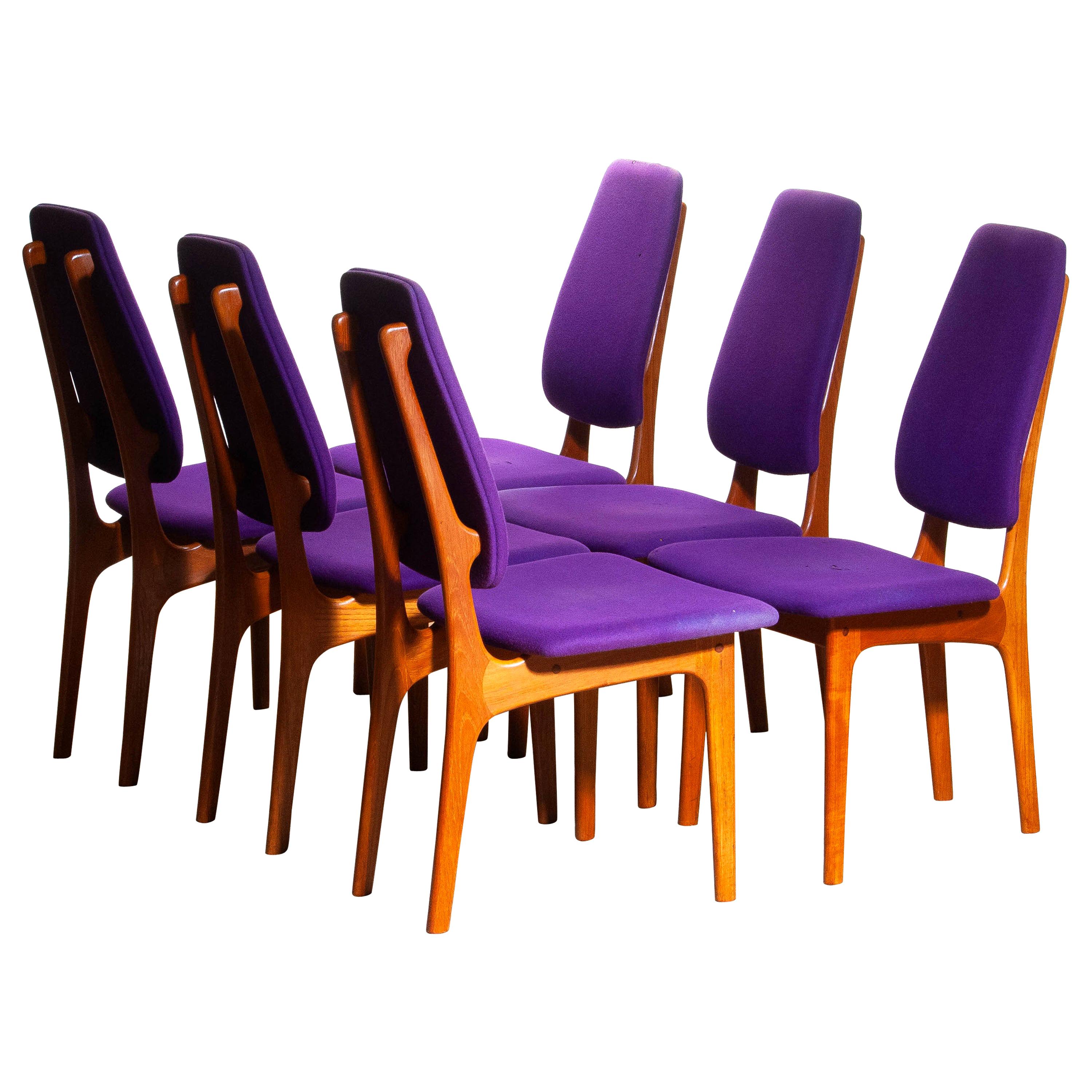 Mid-Century Modern 1960s Set of Six Slim Teak High Back Dinning Chairs by Erik Buch for O.D. Møbler