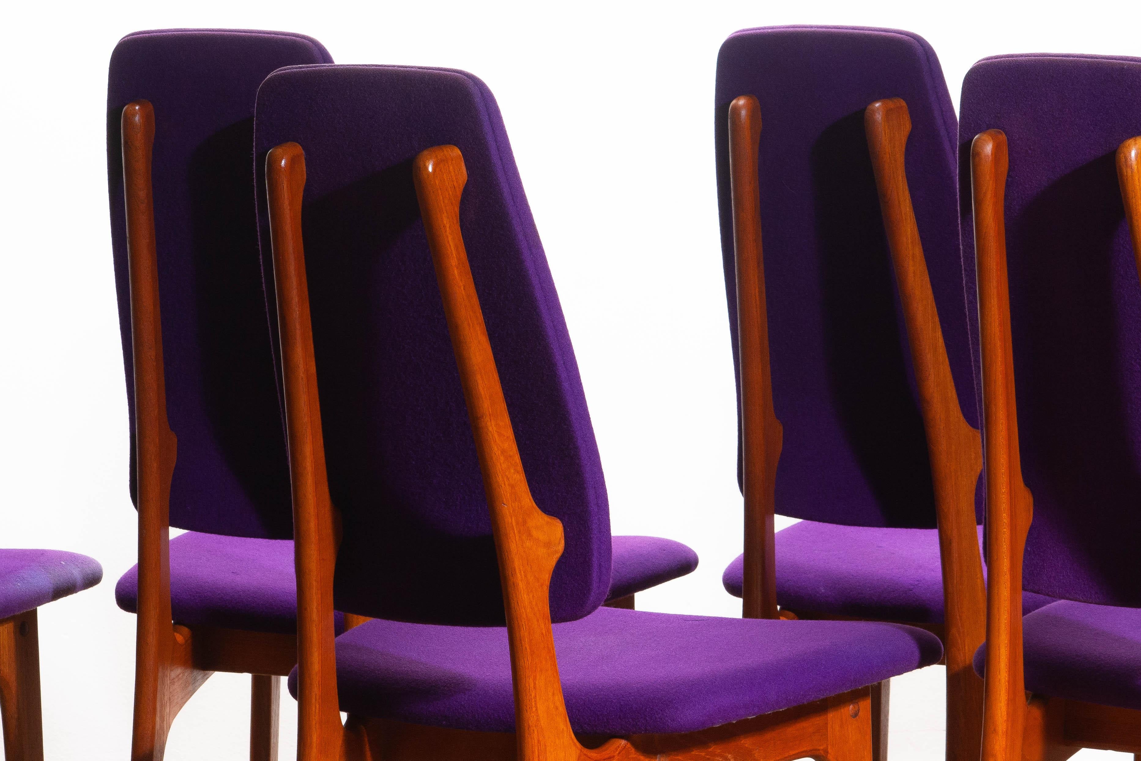 Fabric 1960s Set of Six Slim Teak High Back Dinning Chairs by Erik Buch for O.D. Møbler