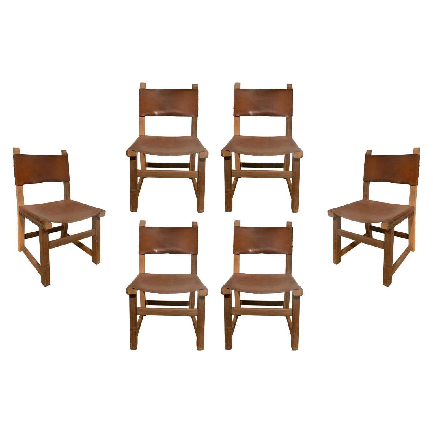 1960s Set of Six Spanish Wood & Leather Chairs