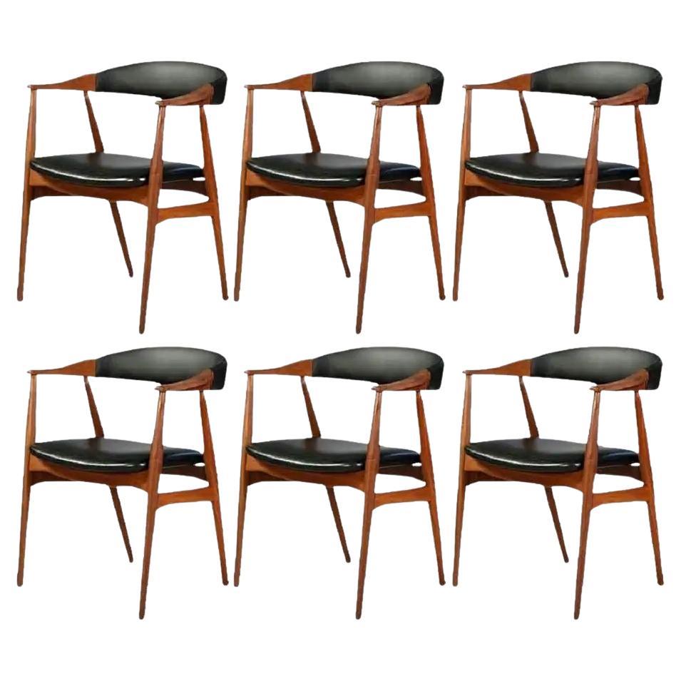 1960s Set of Six Th. Harlev Teak Armchairs in Black Leather Excellent Condition