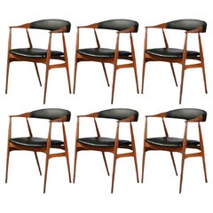 1960s Set of Six Th. Harlev Teak Armchairs in Black Leather Excellent Condition