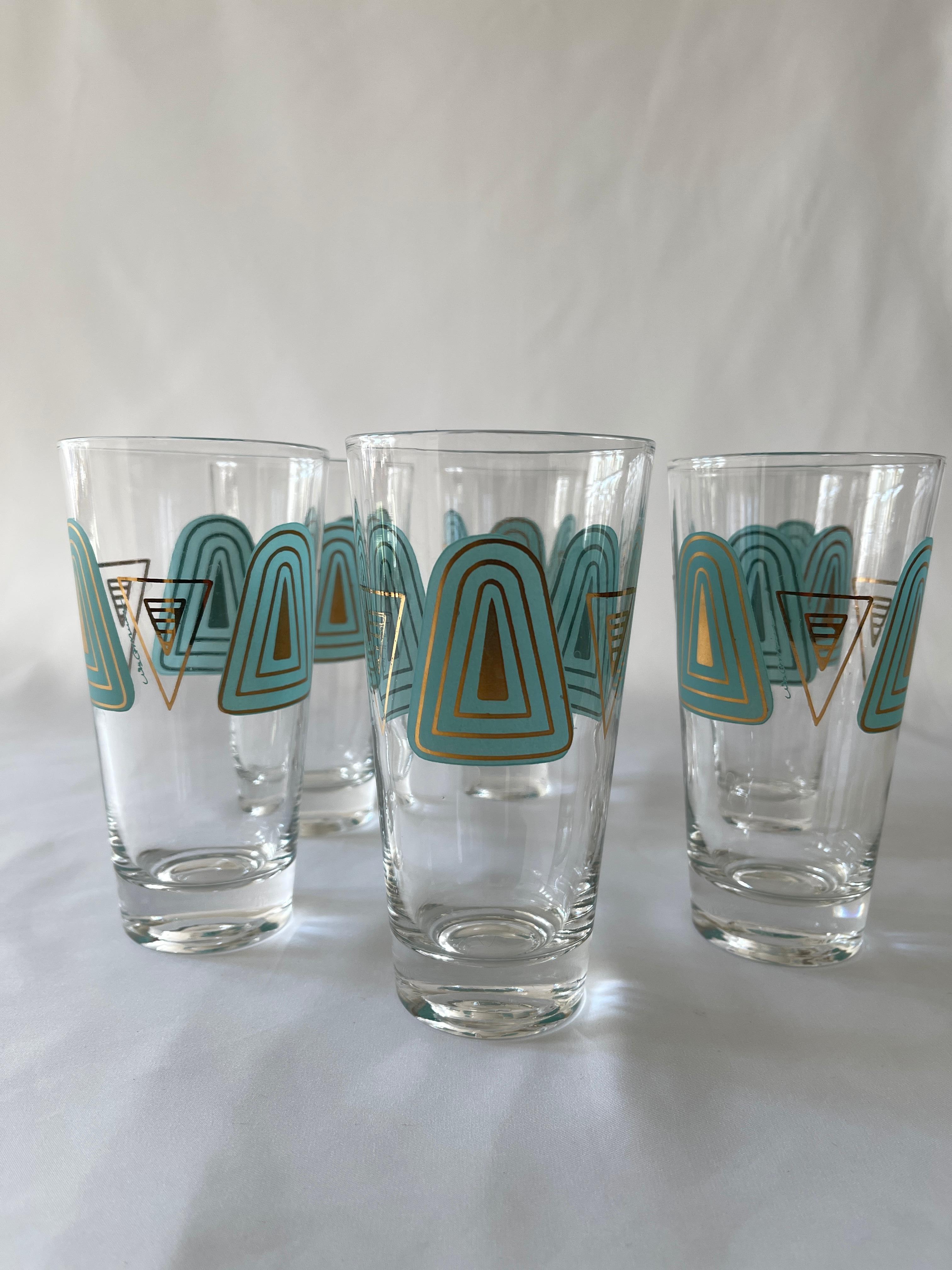 1960's Set of 6 Culver Ltd. Style Turquoise White & Gilt Decorated Tall Glasses For Sale 4
