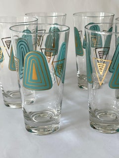 1960's Set of 6 Culver Ltd. Style Turquoise White & Gilt Decorated Tall Glasses