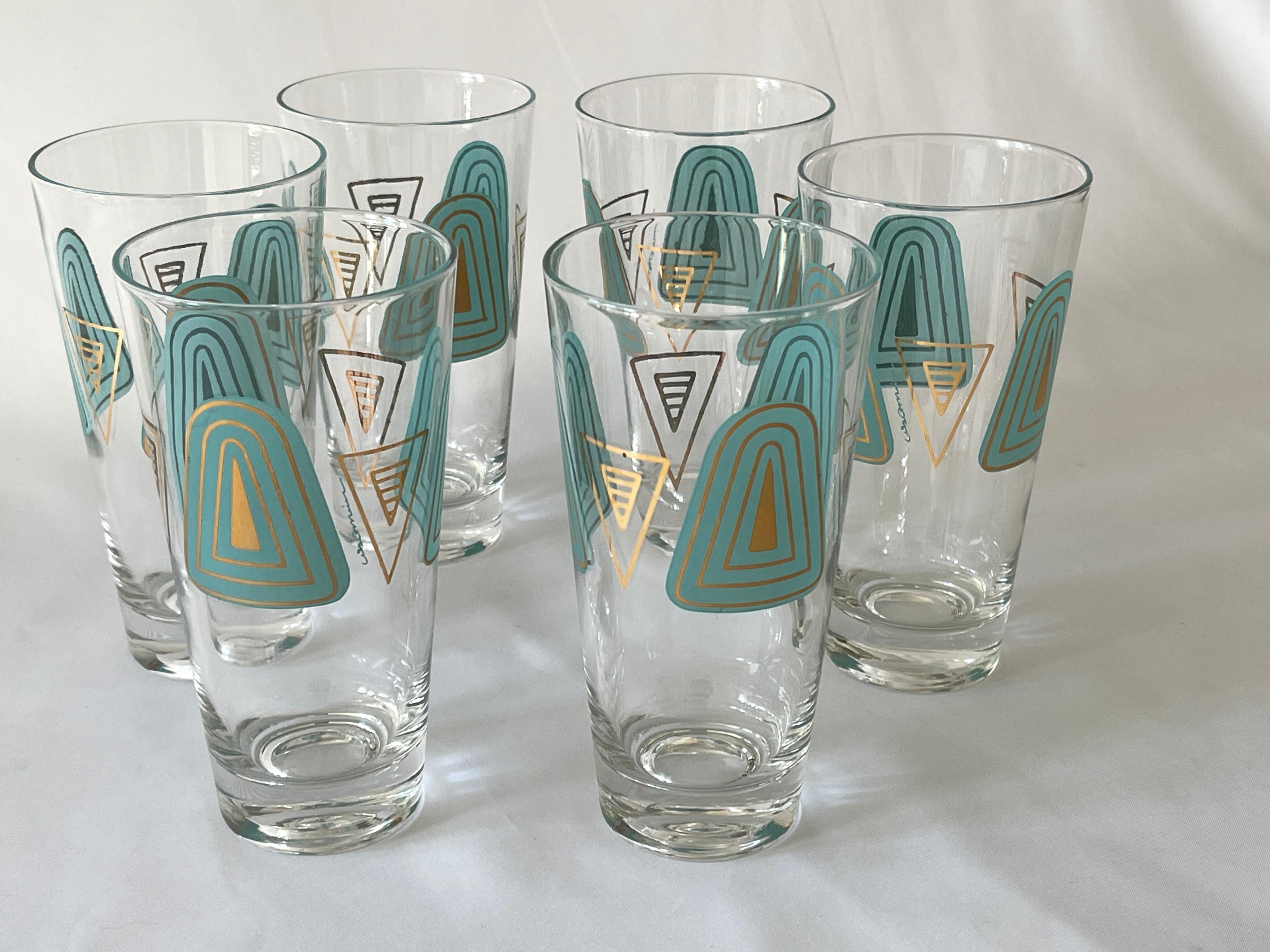 Mid-Century Modern 1960's Set of 6 Culver Ltd. Style Turquoise White & Gilt Decorated Tall Glasses For Sale