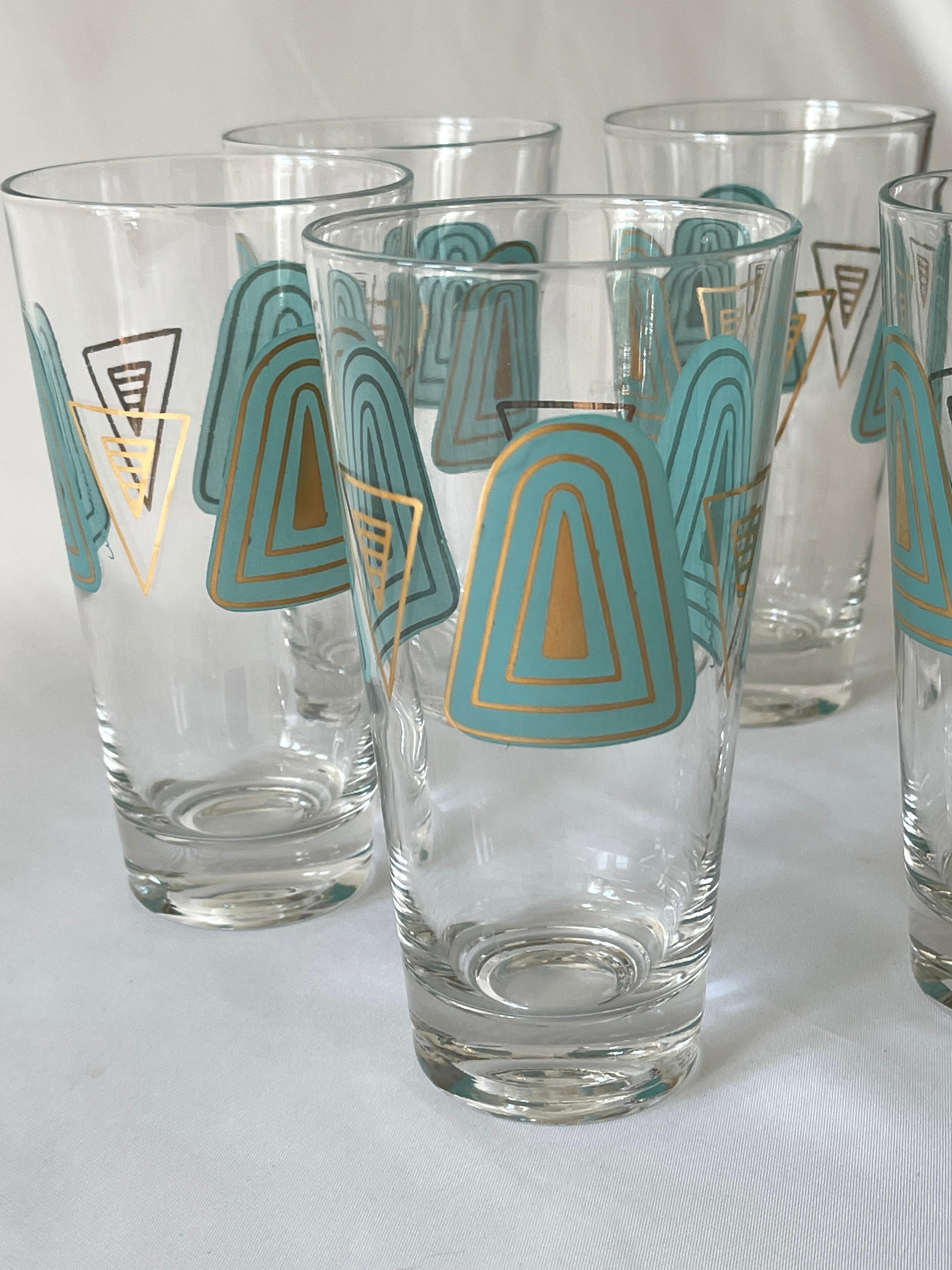 American 1960's Set of 6 Culver Ltd. Style Turquoise White & Gilt Decorated Tall Glasses For Sale