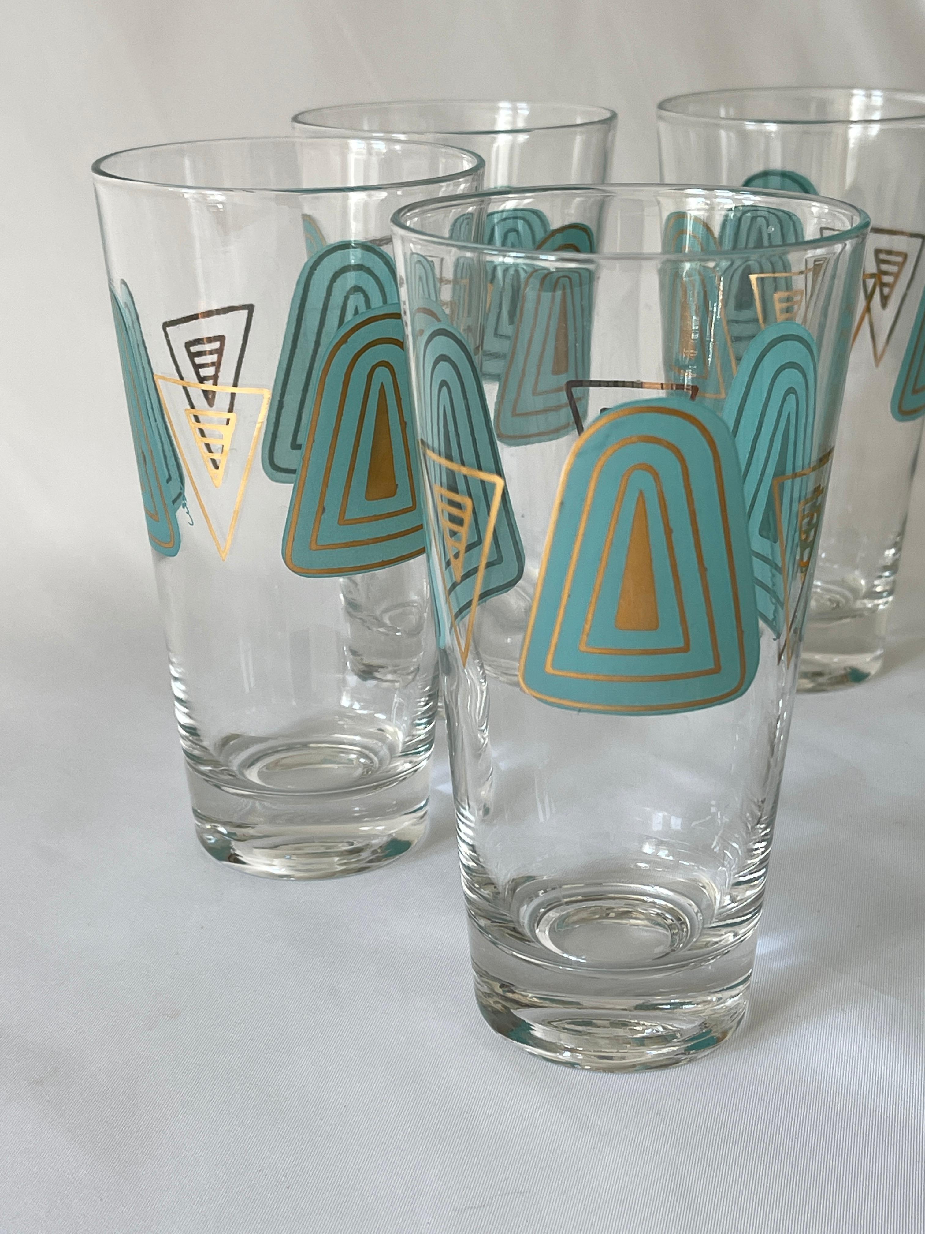 1960's Set of 6 Culver Ltd. Style Turquoise White & Gilt Decorated Tall Glasses In Good Condition For Sale In New York, NY