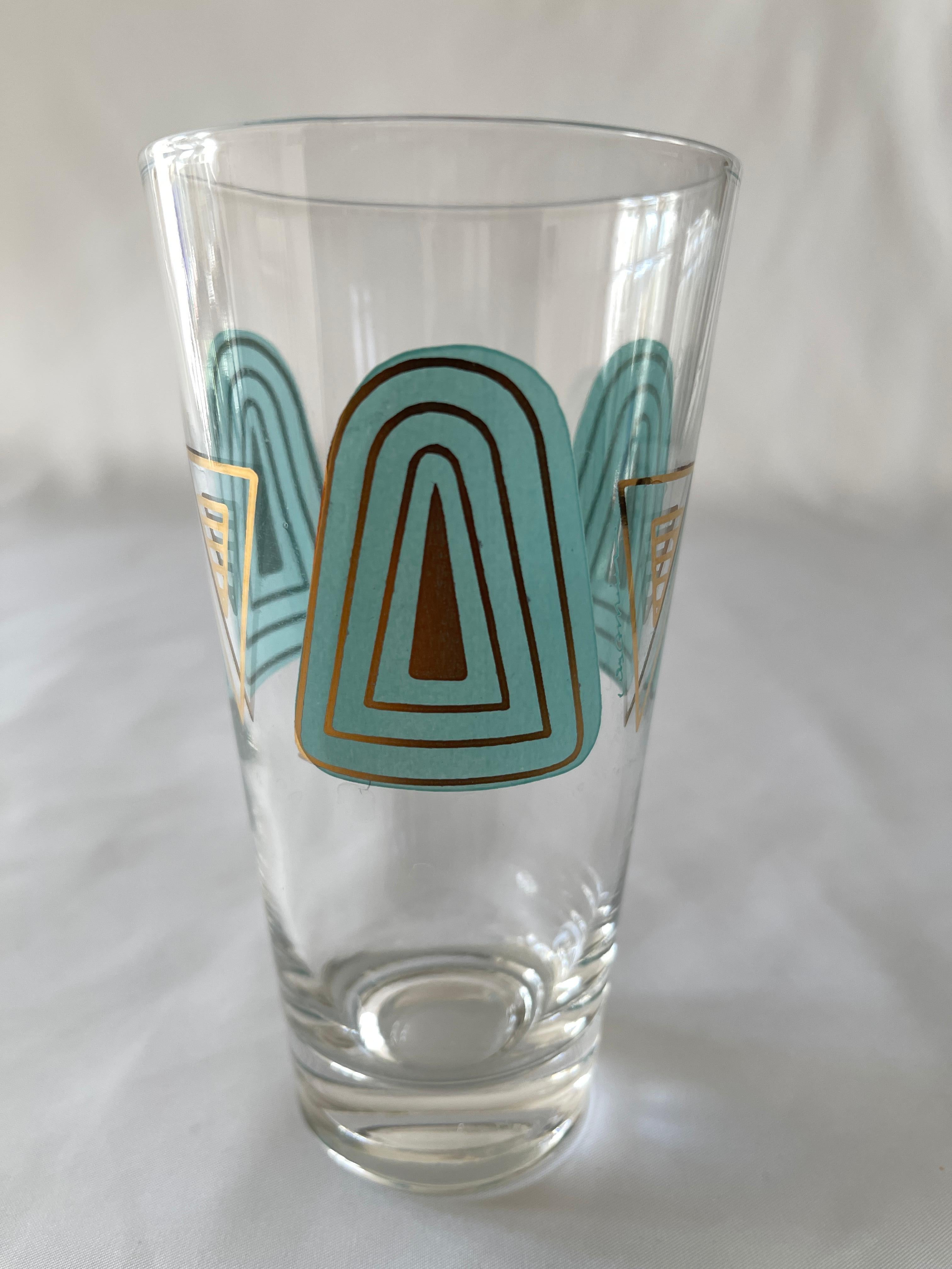 20th Century 1960's Set of 6 Culver Ltd. Style Turquoise White & Gilt Decorated Tall Glasses For Sale