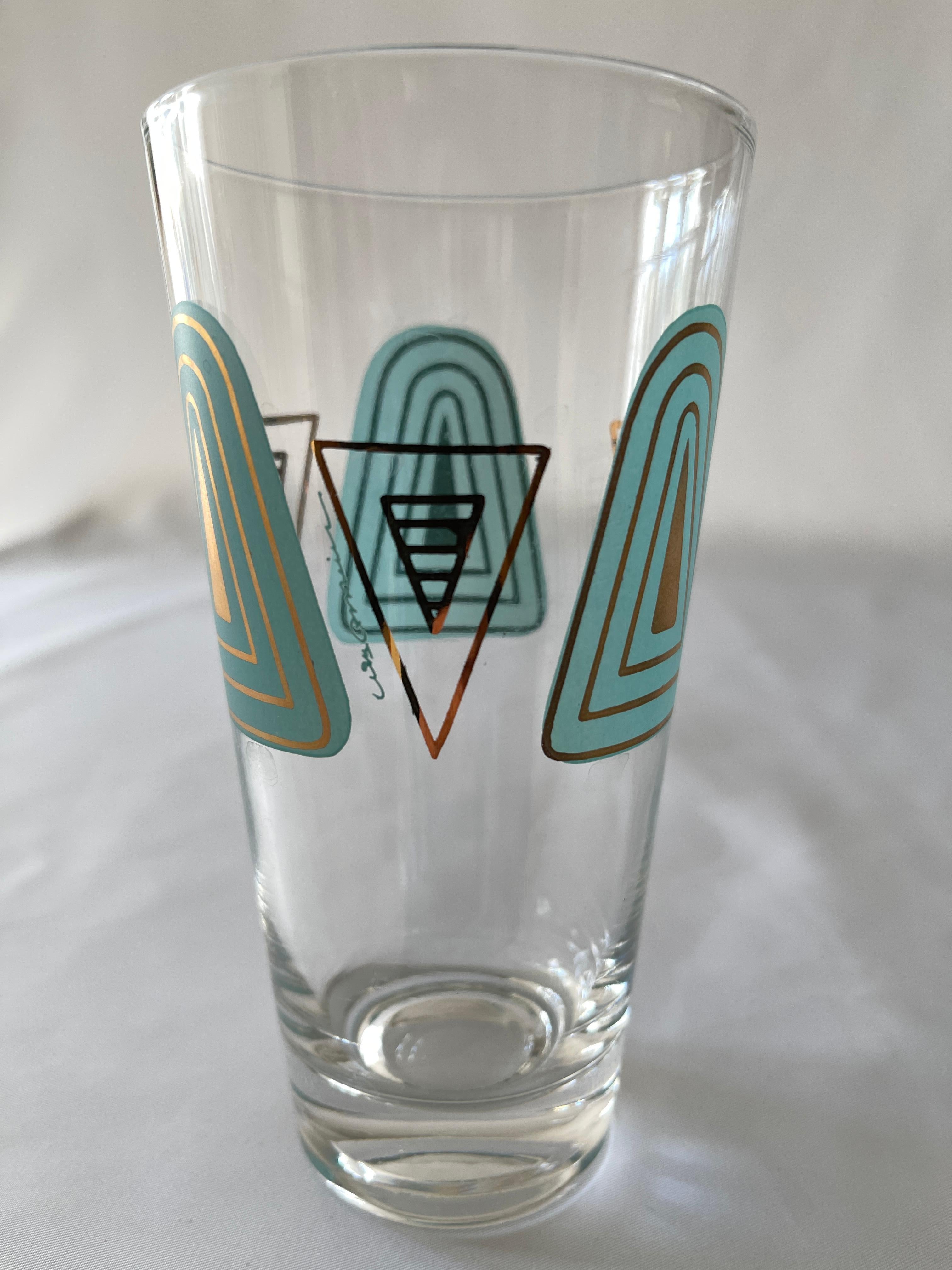 1960's Set of 6 Culver Ltd. Style Turquoise White & Gilt Decorated Tall Glasses For Sale 1