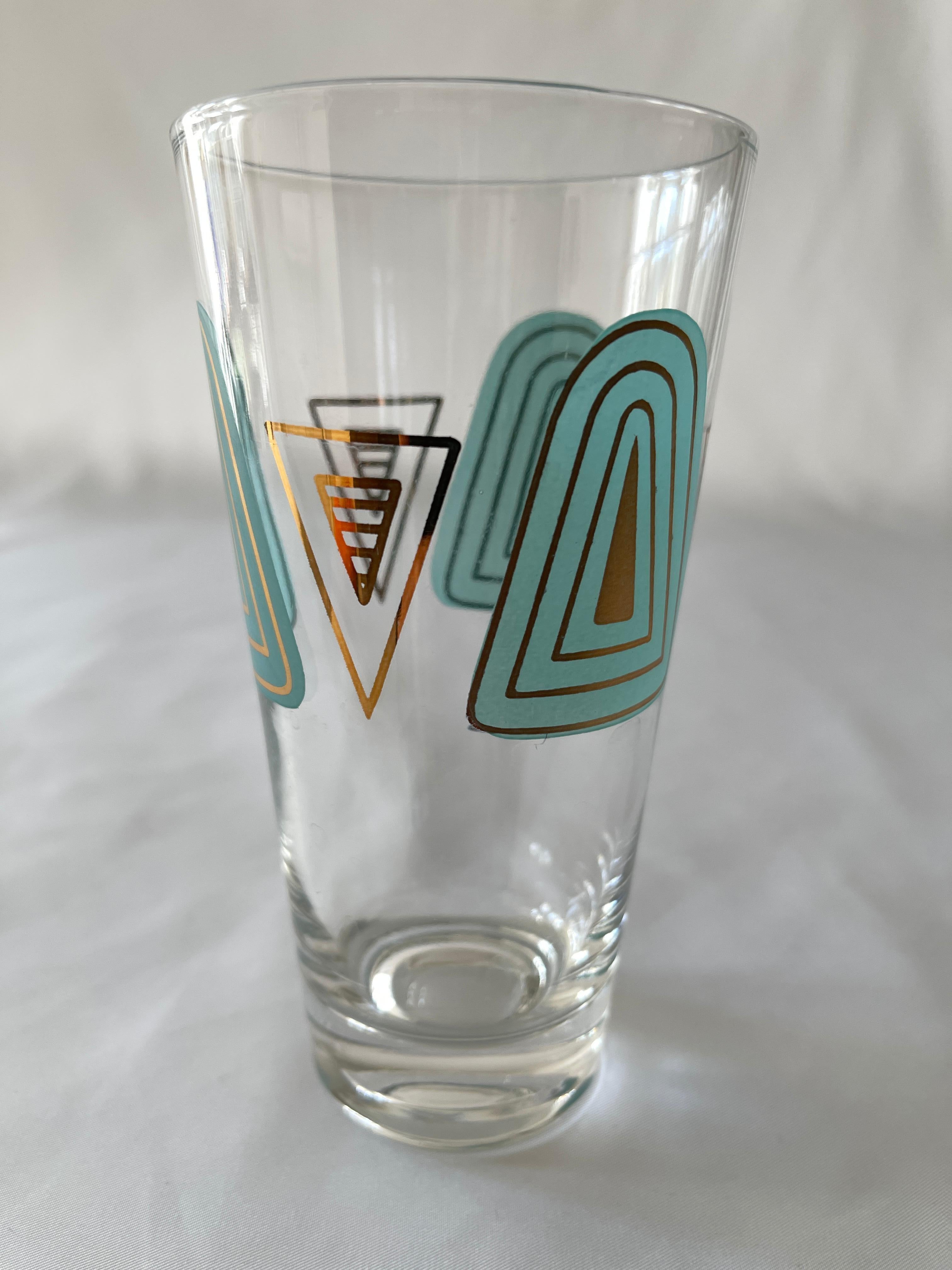 1960's Set of 6 Culver Ltd. Style Turquoise White & Gilt Decorated Tall Glasses For Sale 2