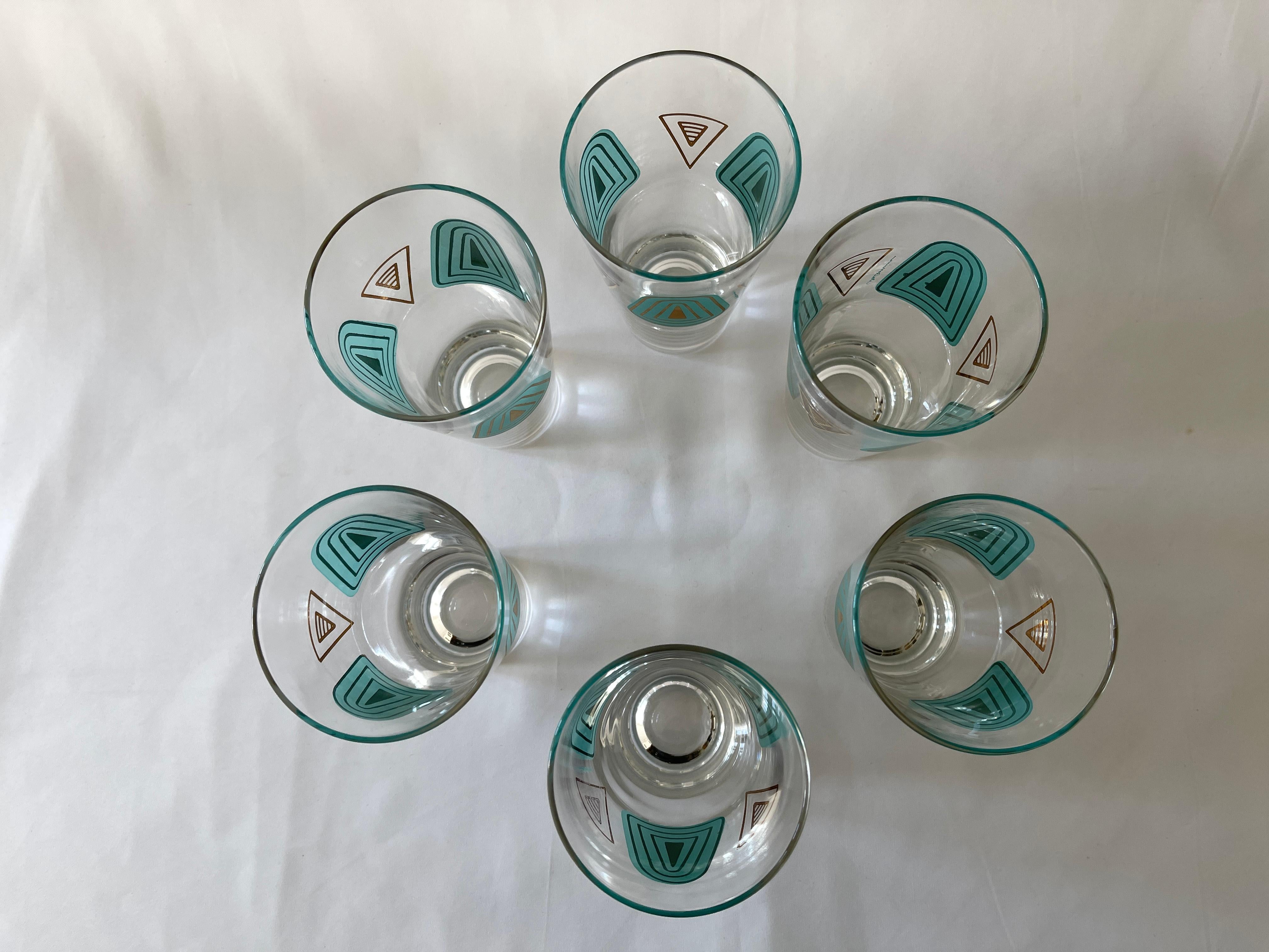 1960's Set of 6 Culver Ltd. Style Turquoise White & Gilt Decorated Tall Glasses For Sale 3