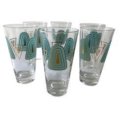 1960's Set of Six Turquoise White & Gilt Decorated Highball / Lemonade Glasses