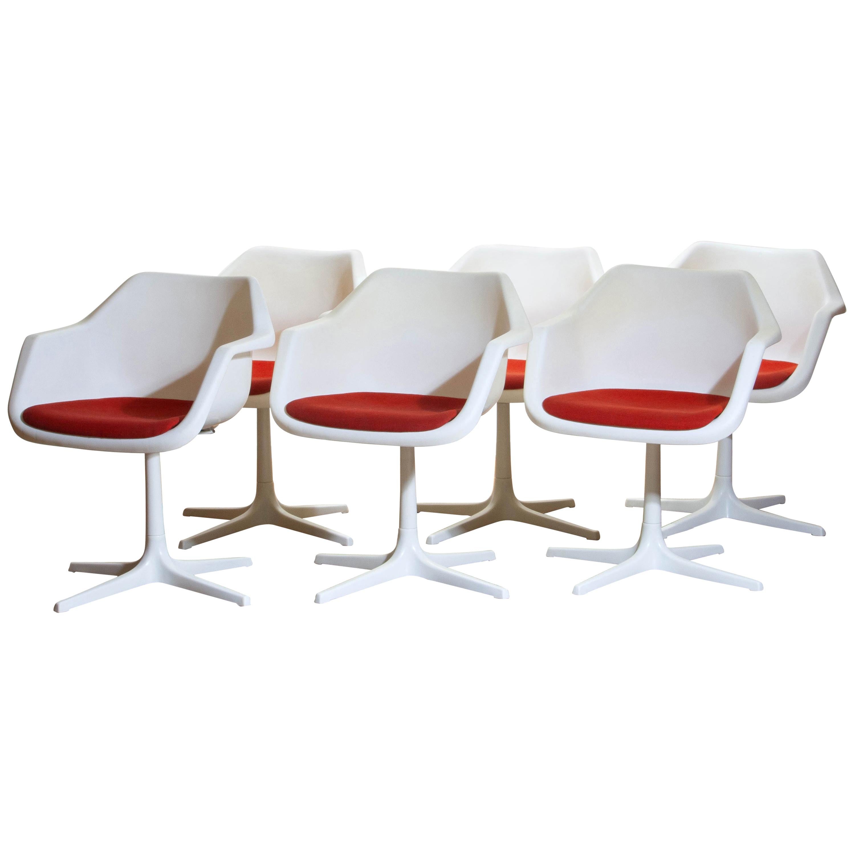 Mid-Century Modern 1960s, Set of Six White Swivel Chair by Robin Day for Hille, France