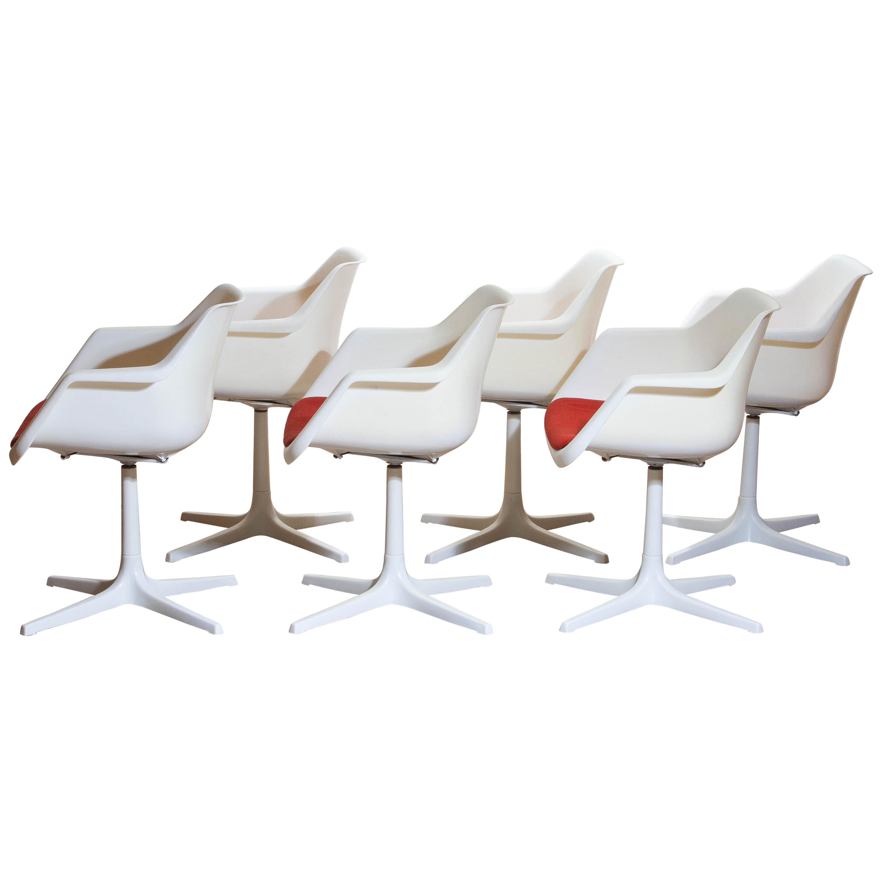 French 1960s, Set of Six White Swivel Chair by Robin Day for Hille, France