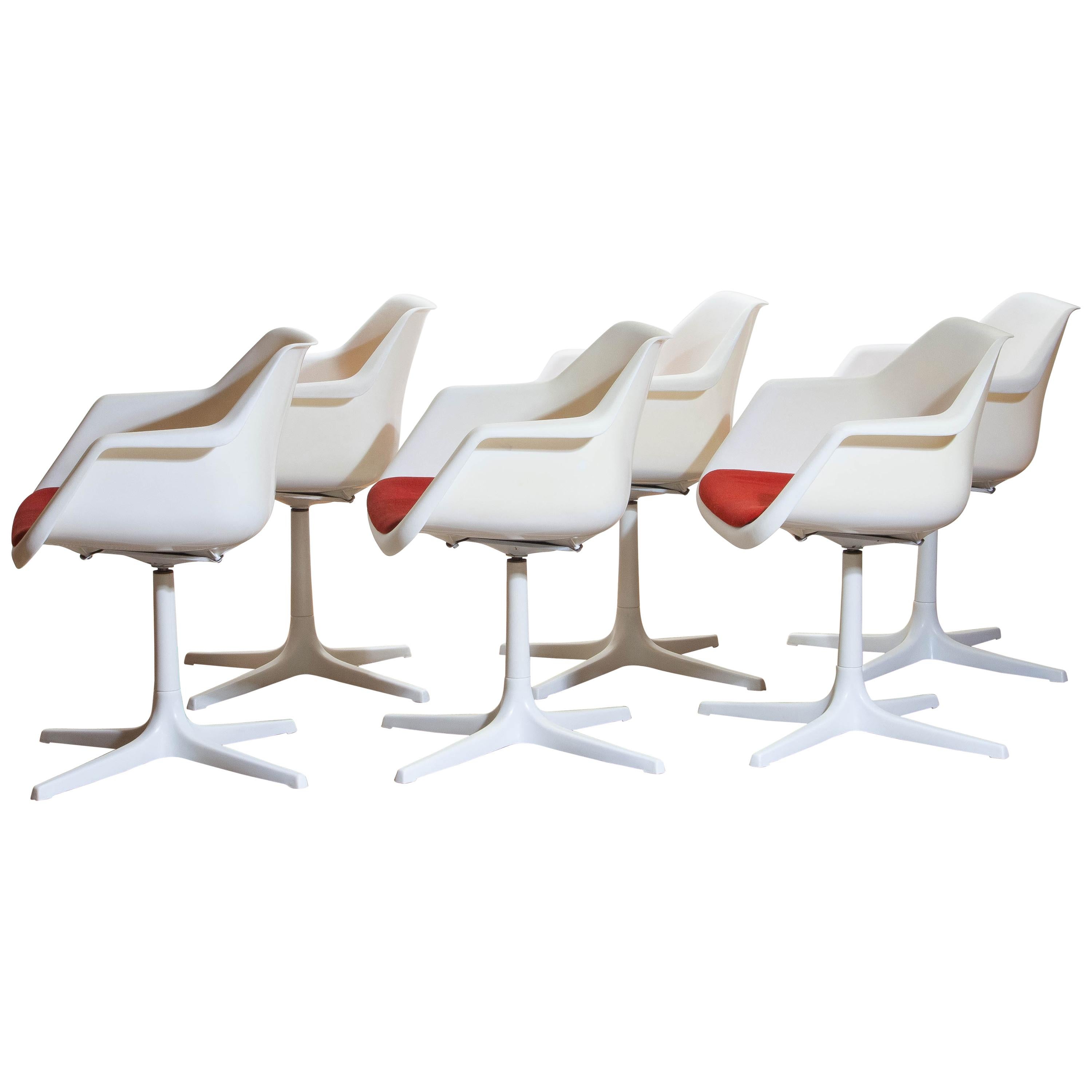Mid-20th Century 1960s, Set of Six White Swivel Chair by Robin Day for Hille, France