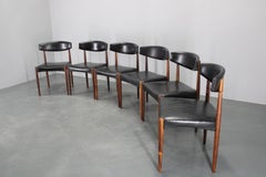 1960s Set of Six Wooden Dining Chairs in Black Leatherette, Denmark