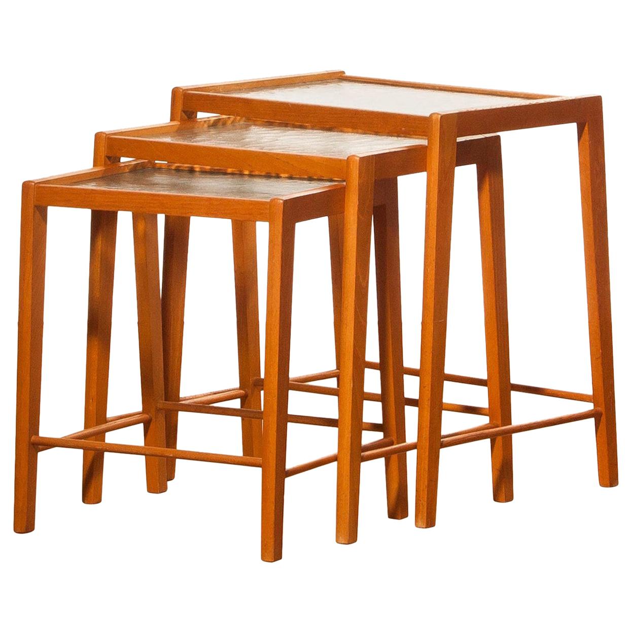 Mid-Century Modern 1960s, Set of Three Oak and Glass Nesting Tables, Sweden