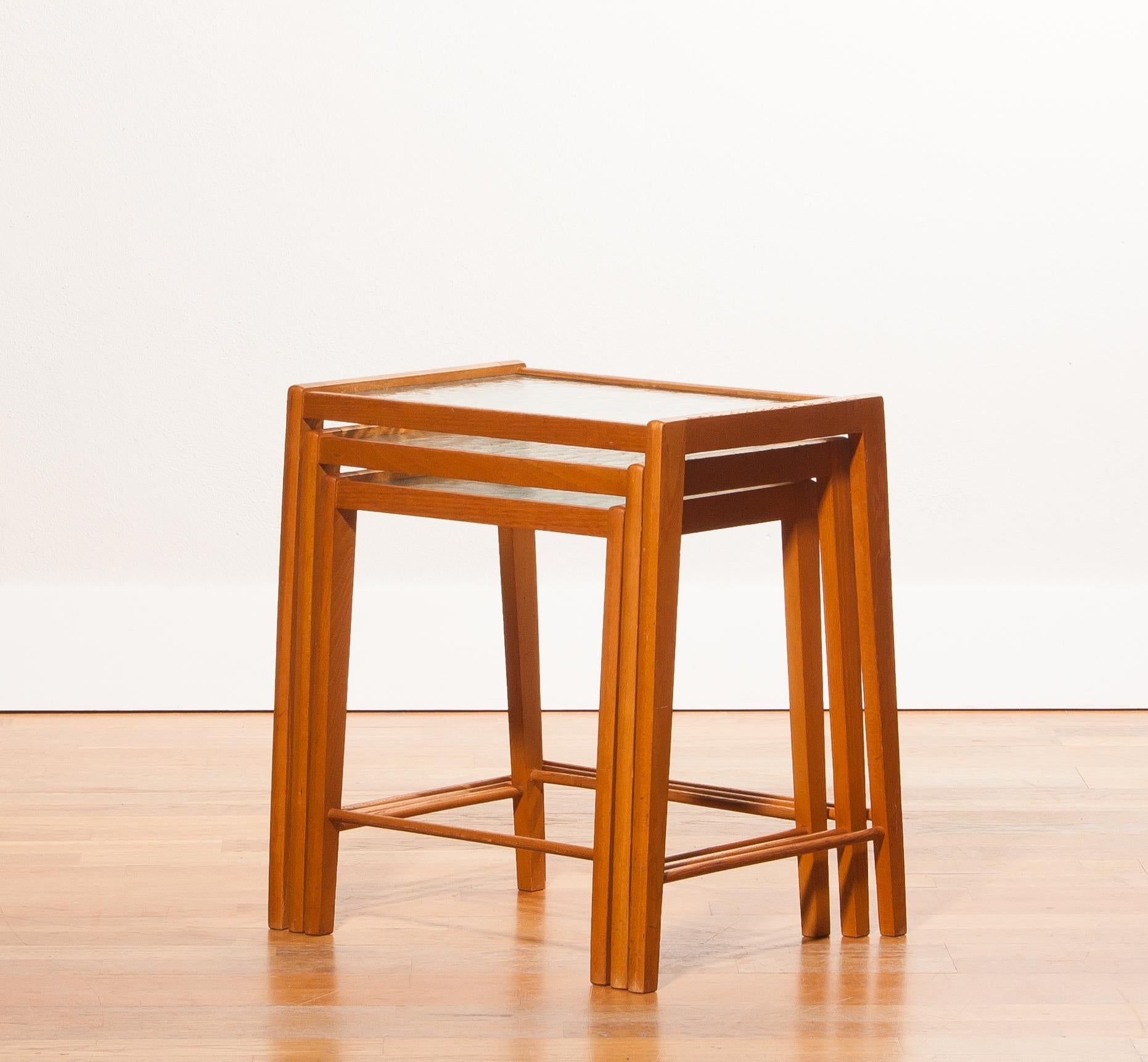 Swedish 1960s, Set of Three Beech and Glass Nesting Tables, Sweden