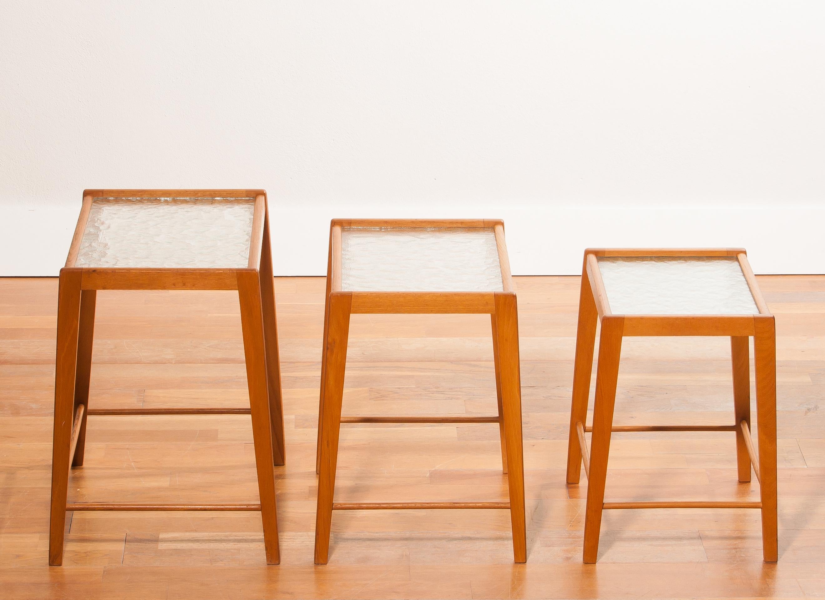 Mid-20th Century 1960s, Set of Three Oak and Glass Nesting Tables, Sweden