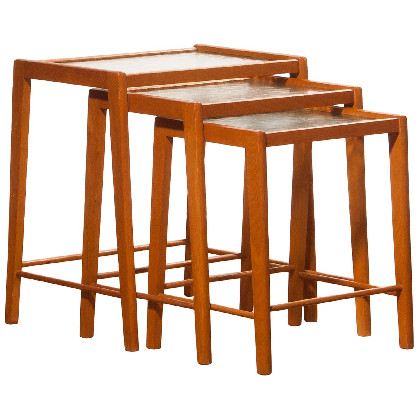 1960s, Set of Three Beech and Glass Nesting Tables, Sweden