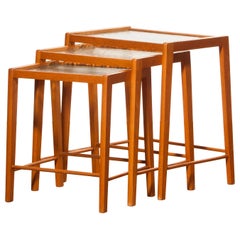 1960s, Set of Three Beech and Glass Nesting Tables, Sweden