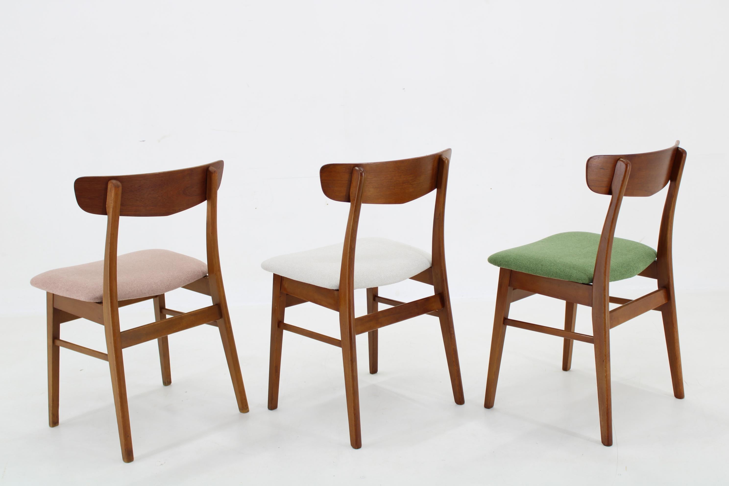 Fabric 1960s Set of Three Danish Teak Chairs, Restored