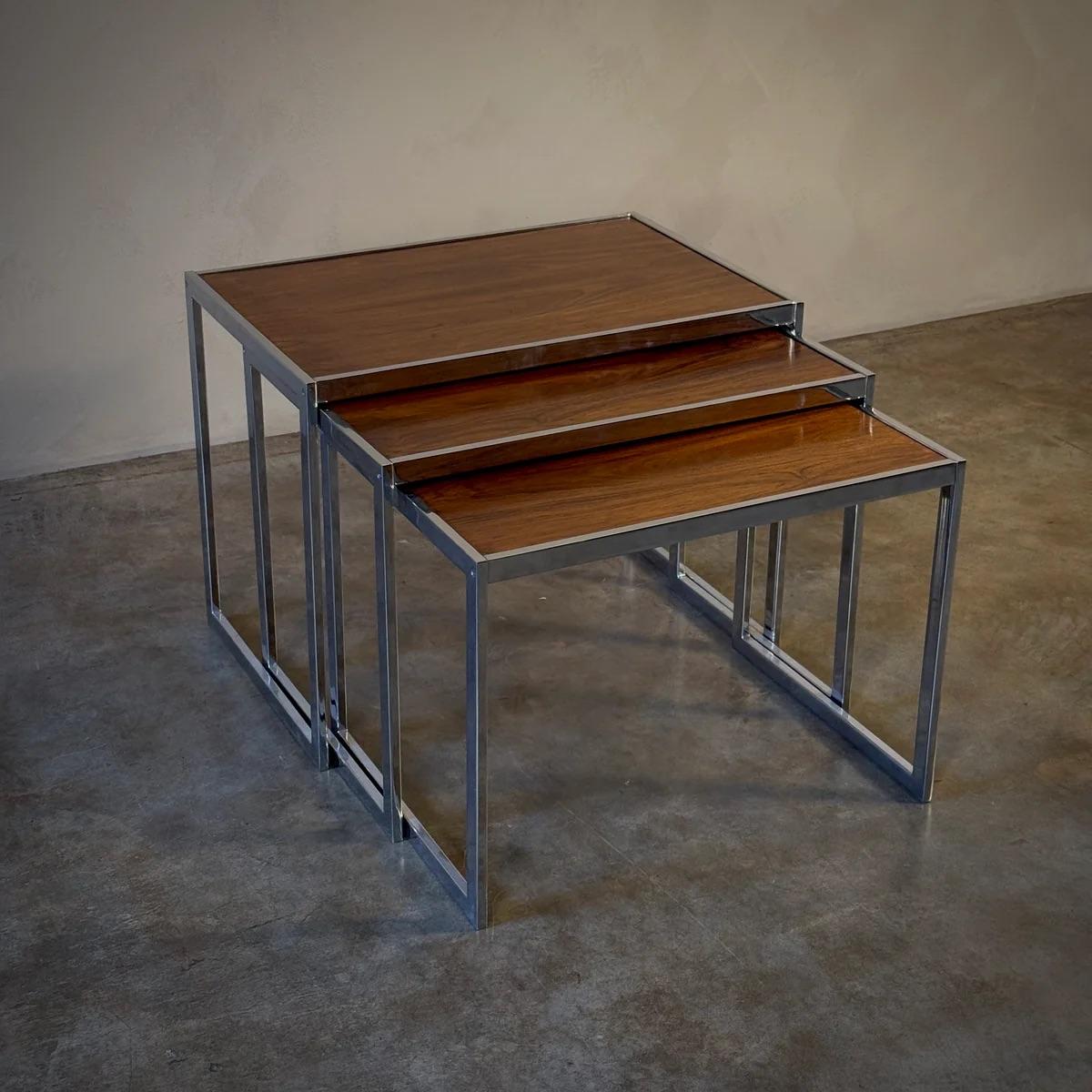 1960s Set of Three English Wood and Chrome Nesting Tables For Sale 6
