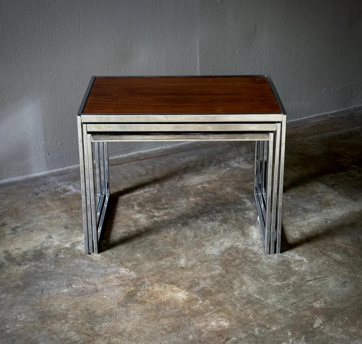 Mid-20th Century 1960s Set of Three English Wood and Chrome Nesting Tables For Sale