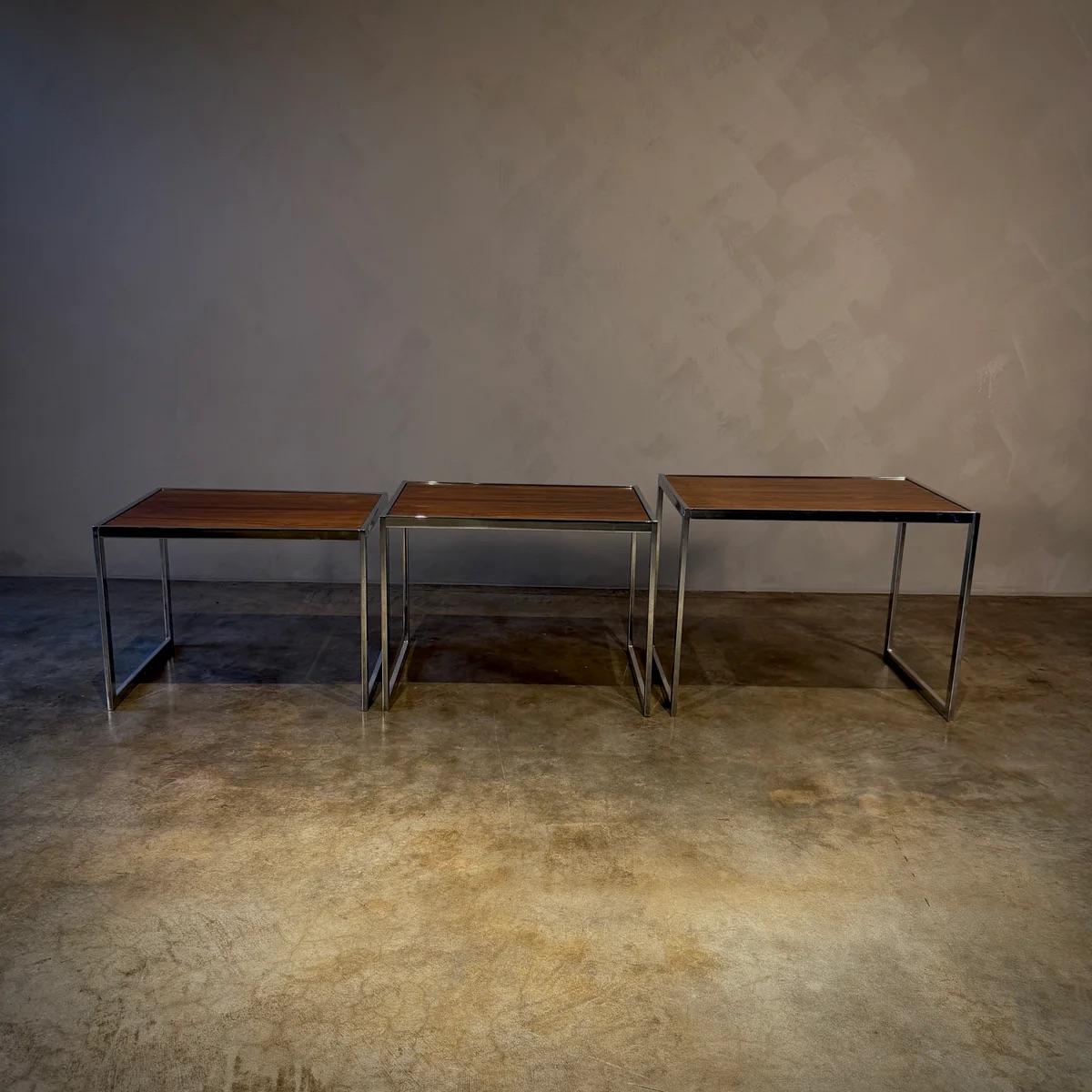 1960s Set of Three English Wood and Chrome Nesting Tables For Sale 7