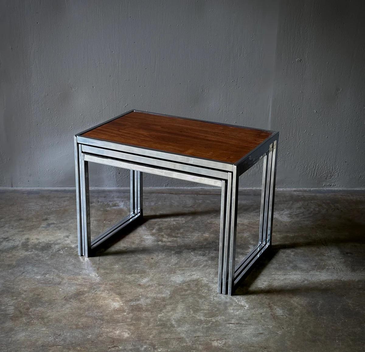 1960s Set of Three English Wood and Chrome Nesting Tables For Sale 8