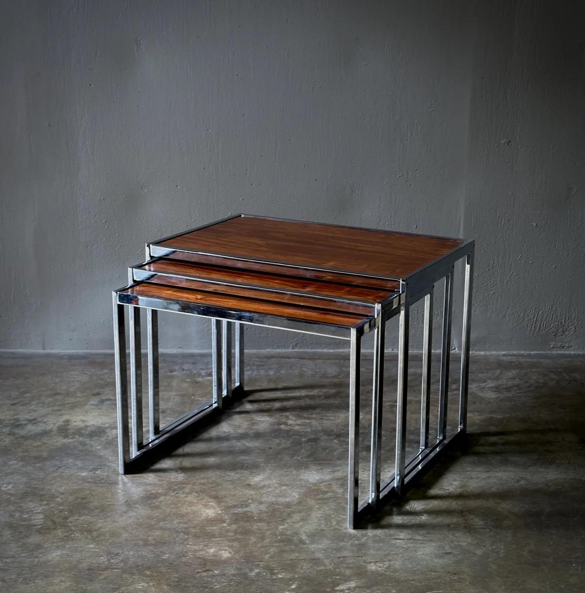 1960s Set of Three English Wood and Chrome Nesting Tables For Sale 9
