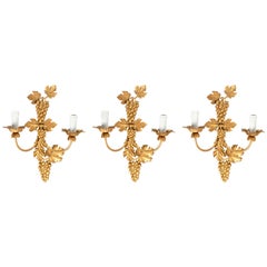 Vintage 1960s Set of Three Grapes Harvest Sconces, Maison FloArt