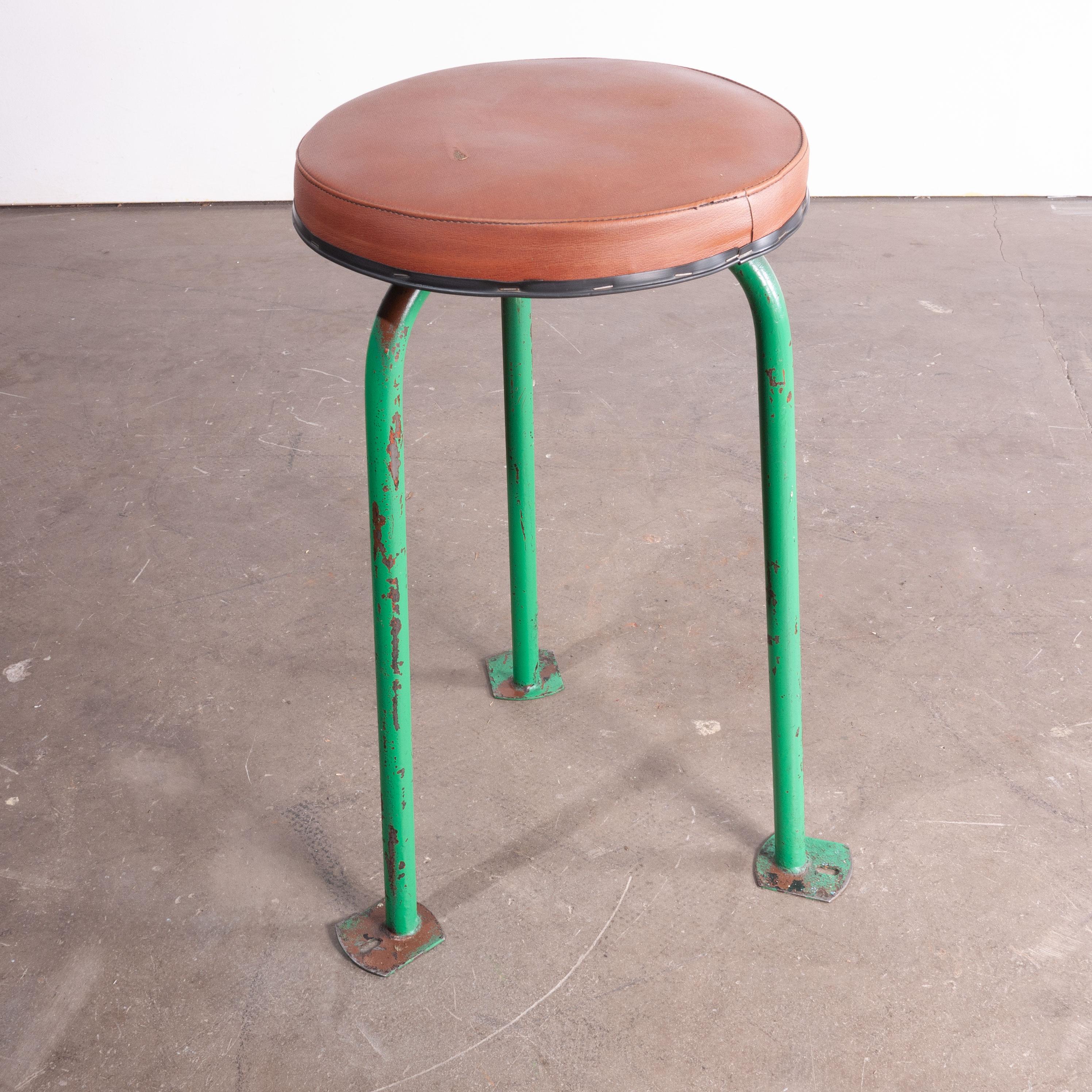 1960s set of three green 1960s Russian industrial stools
1950s vintage set of three 1960s Russian industrial stools. Three simple honest stools with original Rexine style upholstered and padded seats.

Workshop report
All of our vintage products