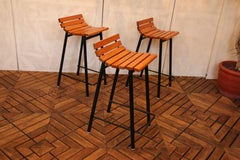 1960s Set of Three Mid-Century Modern Oak & Steel Bar Stools