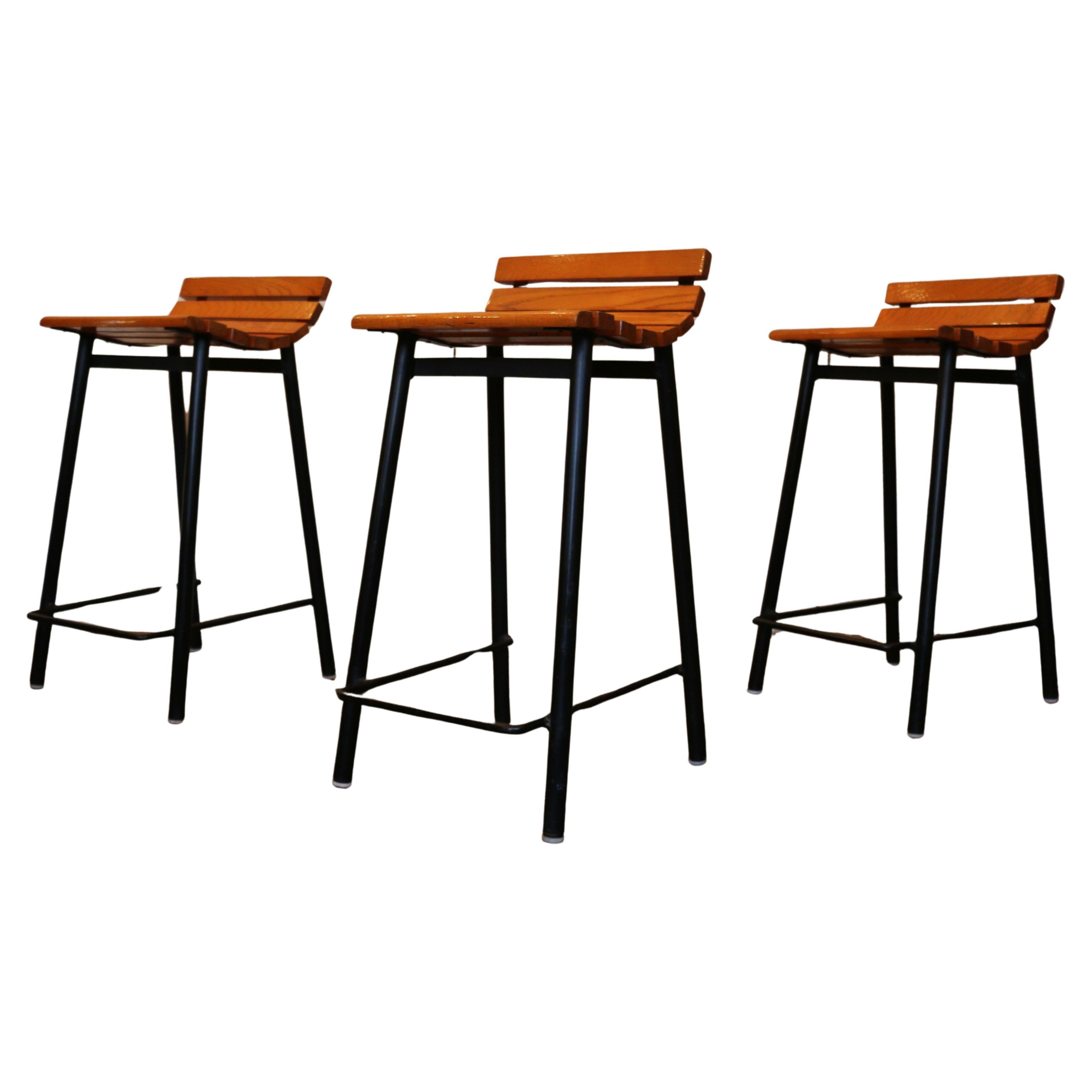 1960s Set of Three Mid-Century Modern Oak 
Steel Bar Stools