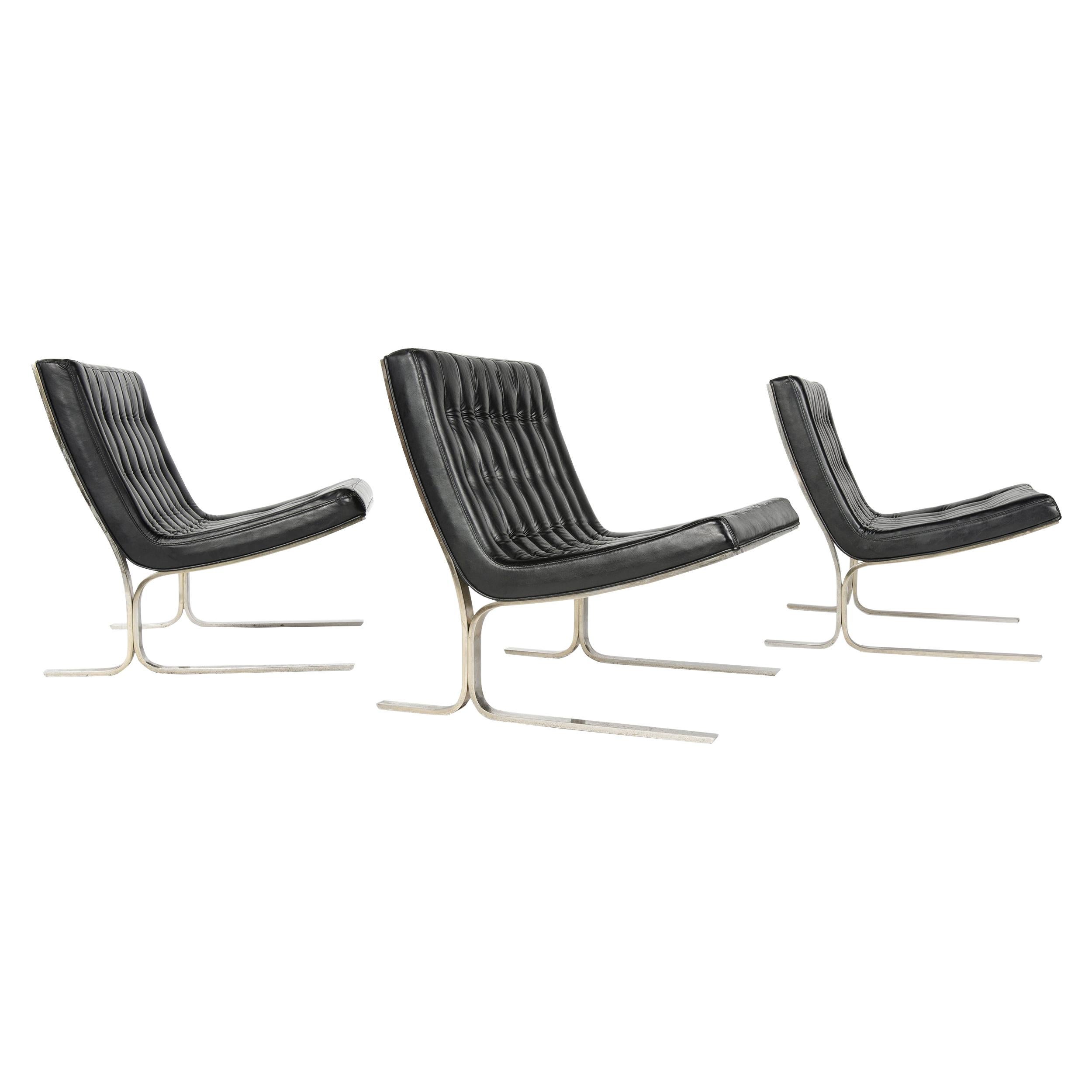 1960s Set of Three Model 28 Black Leather Lounge Chairs by Nicos Zographos