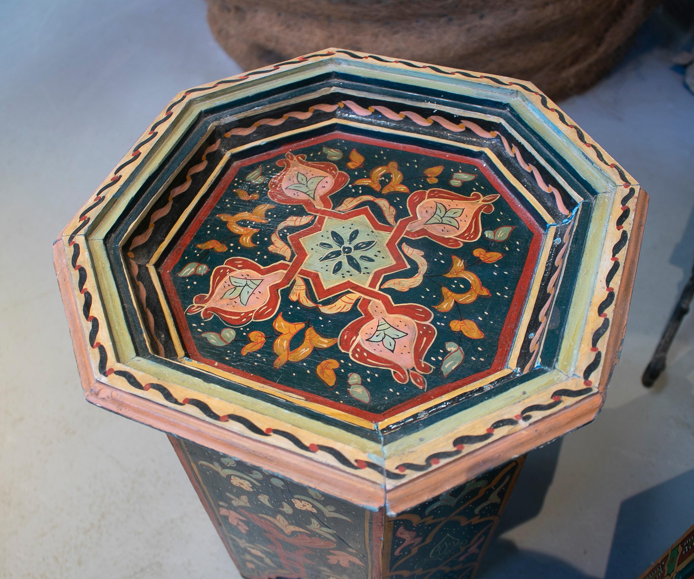 20th Century 1960s Set of Three Moroccan Octagonal Wooden Painted Side Tables