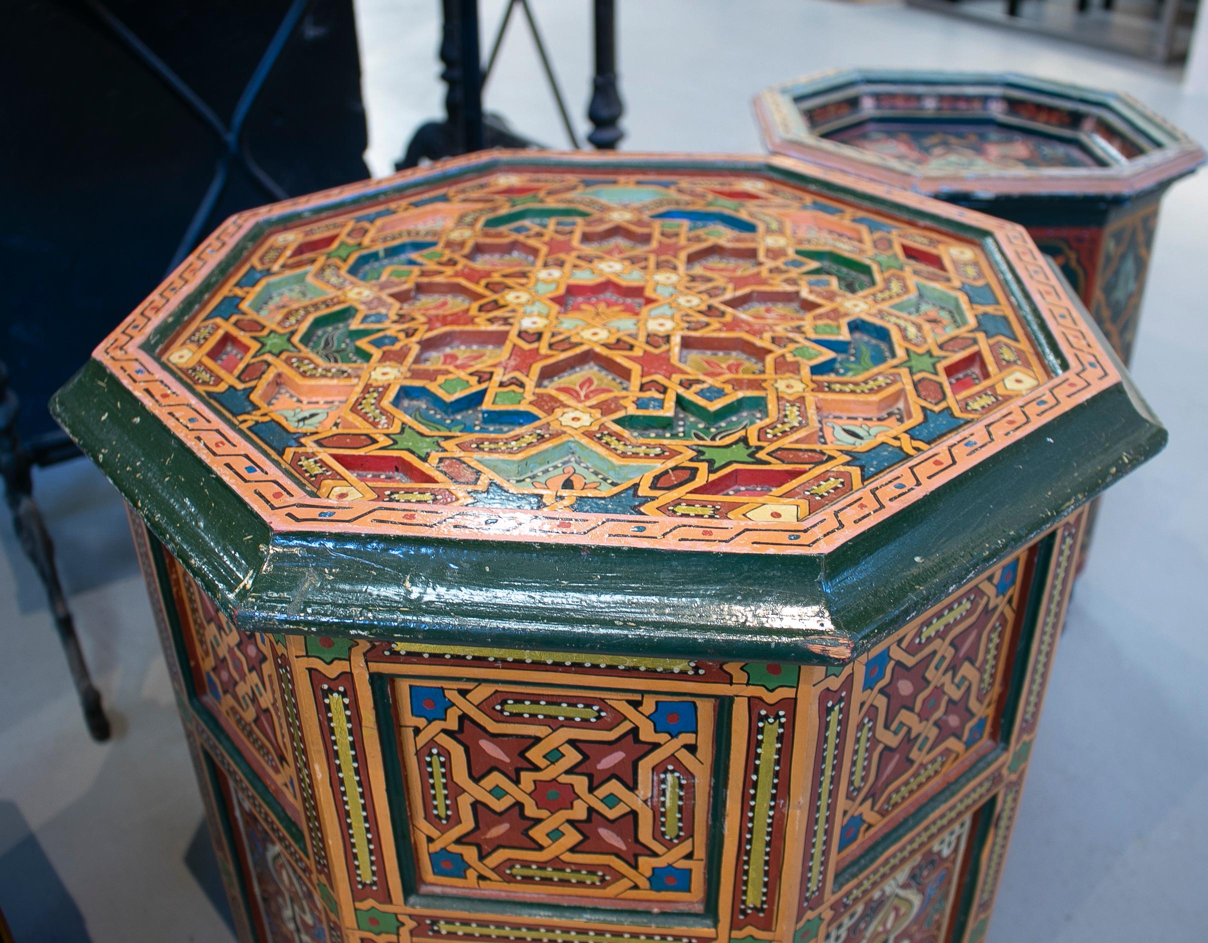 1960s Set of Three Moroccan Octagonal Wooden Painted Side Tables 1
