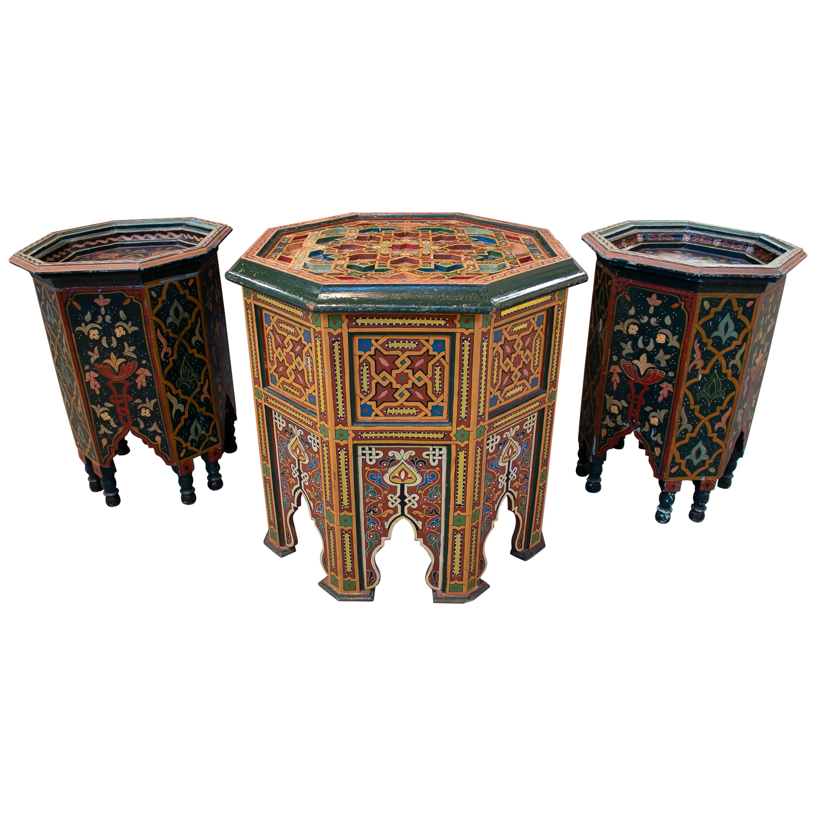 1960s Set of Three Moroccan Octagonal Wooden Painted Side Tables