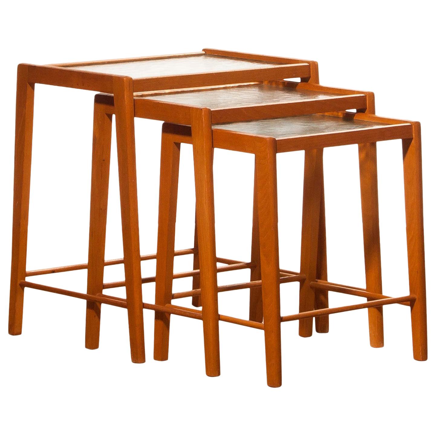 1960s, Set of Three Oak and Glass Nesting Tables, Sweden 1