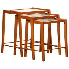 1960s, Set of Three Oak and Glass Nesting Tables, Sweden