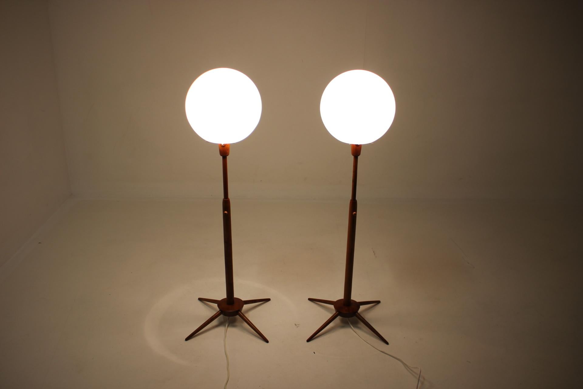 Glass 1960s Set of Two Adjustable Wooden Floor Lamps, Czechoslovakia