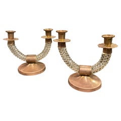 1960s Set of Two Copper and Murano Glass Candelabras in the Style of Barovier