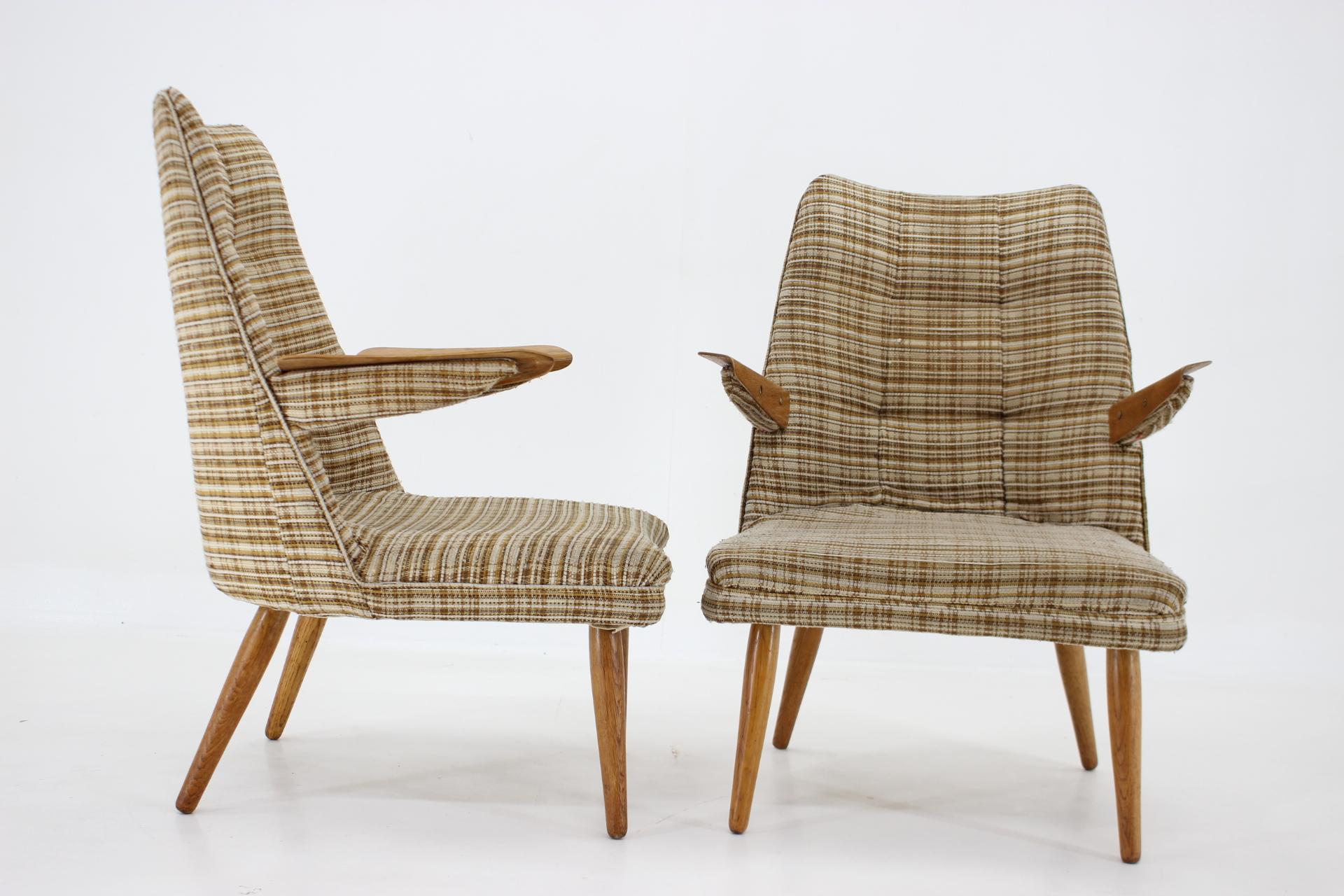 Mid-Century Modern 1960s Set of Two Design Rare Armchairs, Czechoslovakia For Sale