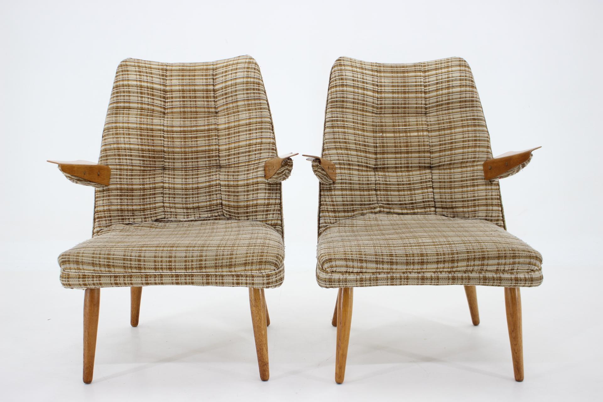 Fabric 1960s Set of Two Design Rare Armchairs, Czechoslovakia For Sale