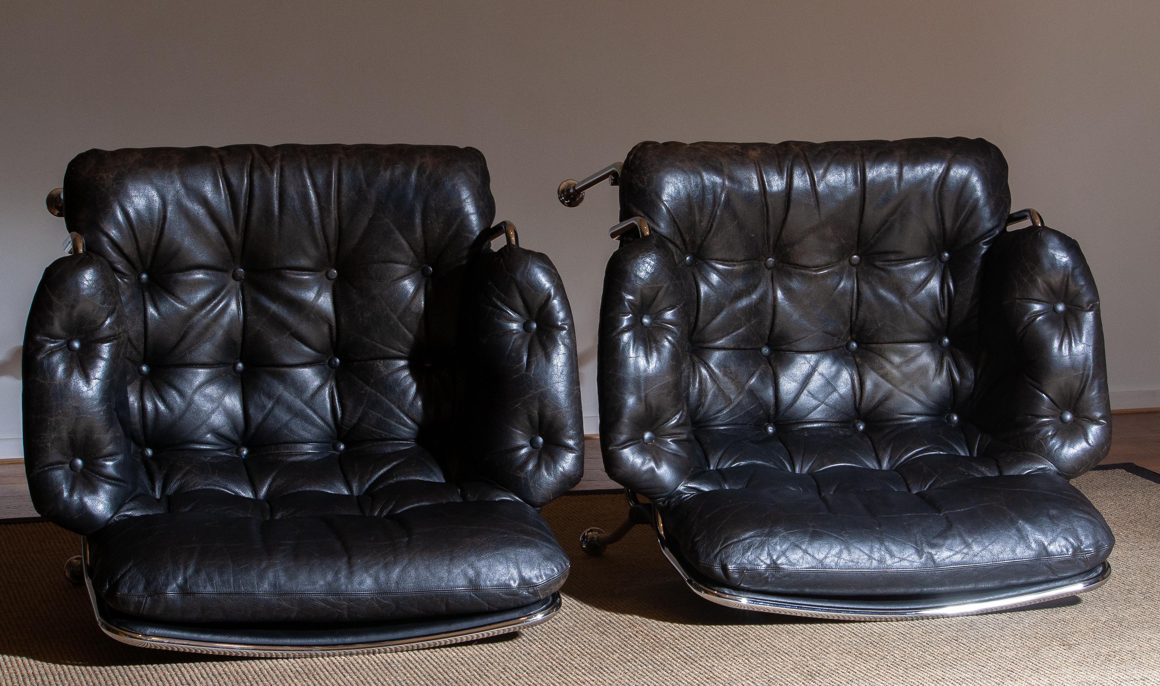 1960s Set of Two Eva Lounge Chairs in Chrome and Aged Black Leather by Lindlöfs 14