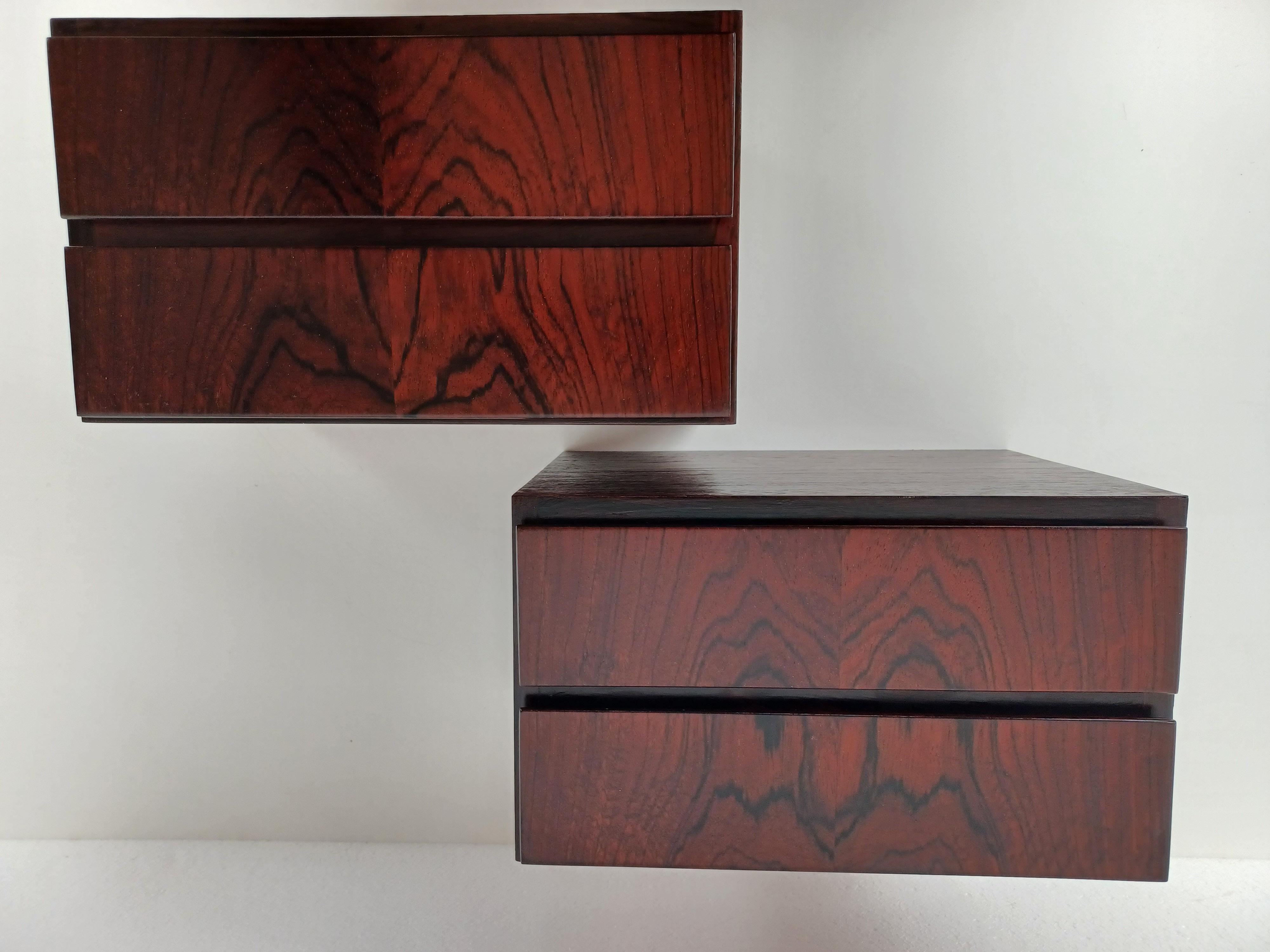 Scandinavian Modern 1960s Set of Two Fully Restored Danish Omann Jun Floating Rosewood Night Stands For Sale