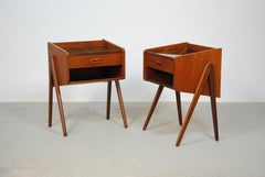 1960s Set of Two Fully restored Teak Nightstands with Decorated Glass Tabletops