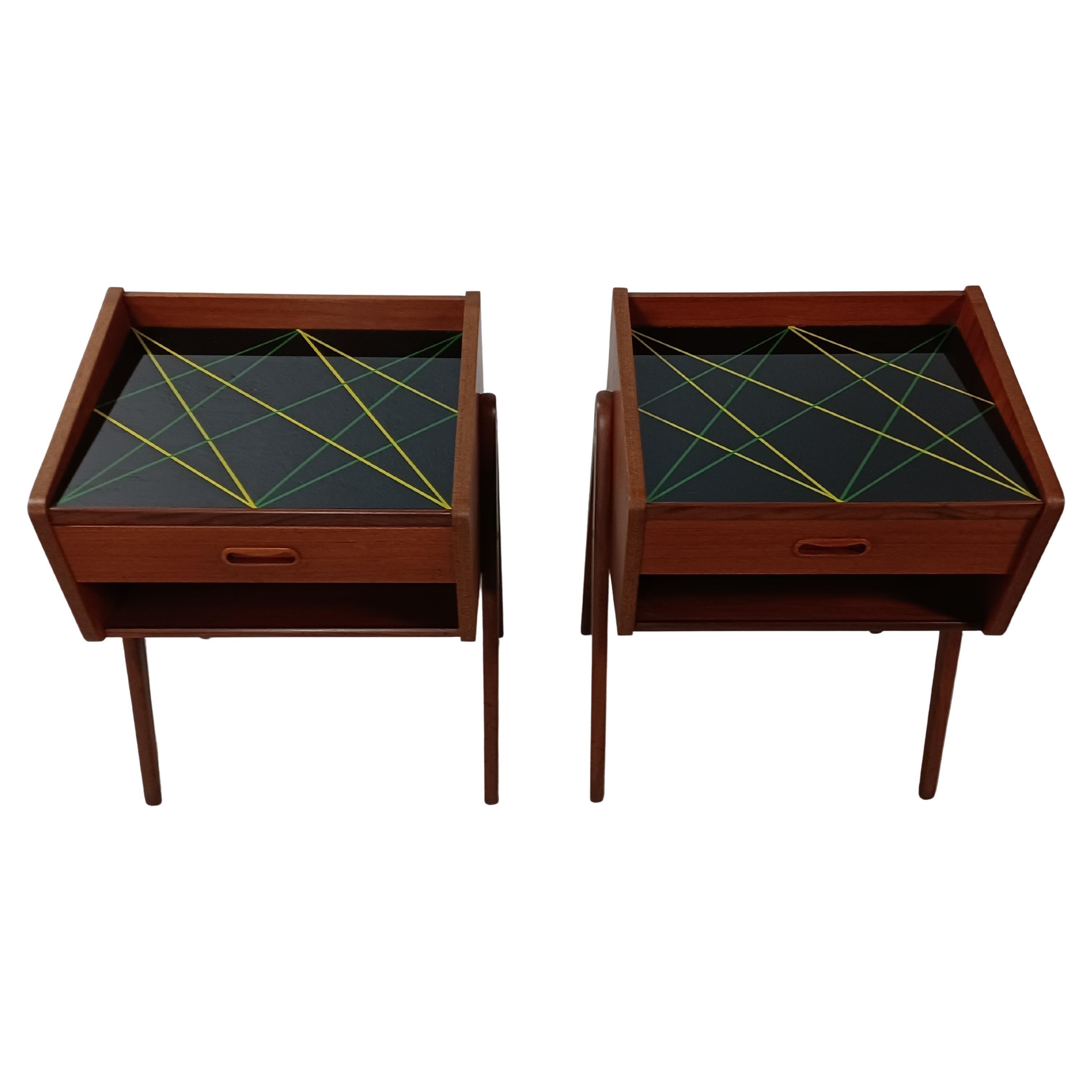 1960s Set of Two Fully restored Teak Nightstands with Decorated Glass Tabletops